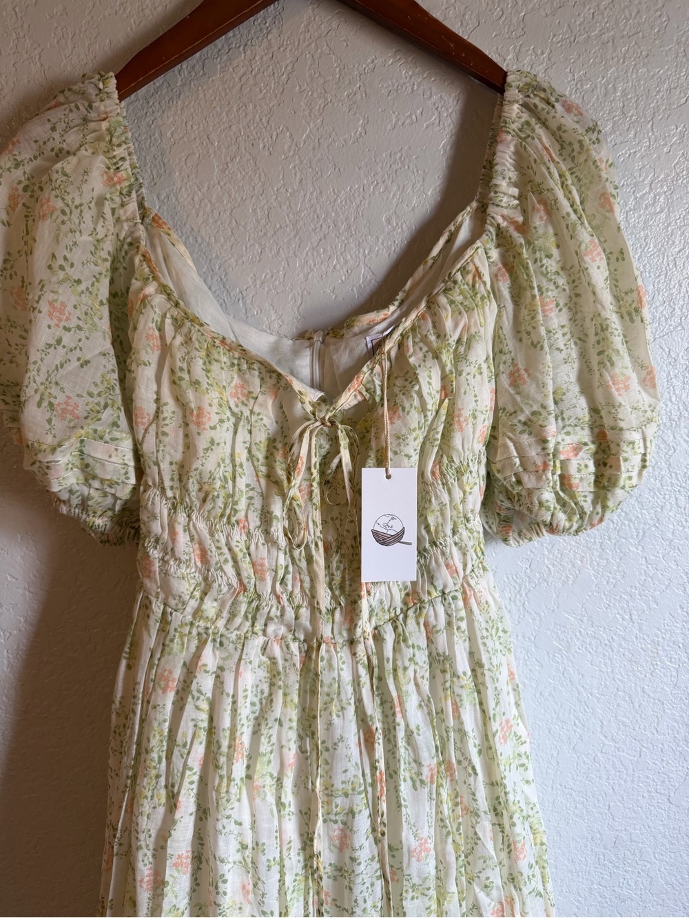 Puff-Sleeve Floral Midi Dress in Cream with Pastel Green